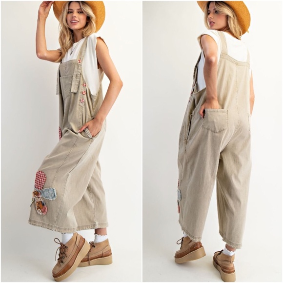 Easel Khaki Flower Patchwork Denim Jeans Wide leg overalls - Picture 2 of 2